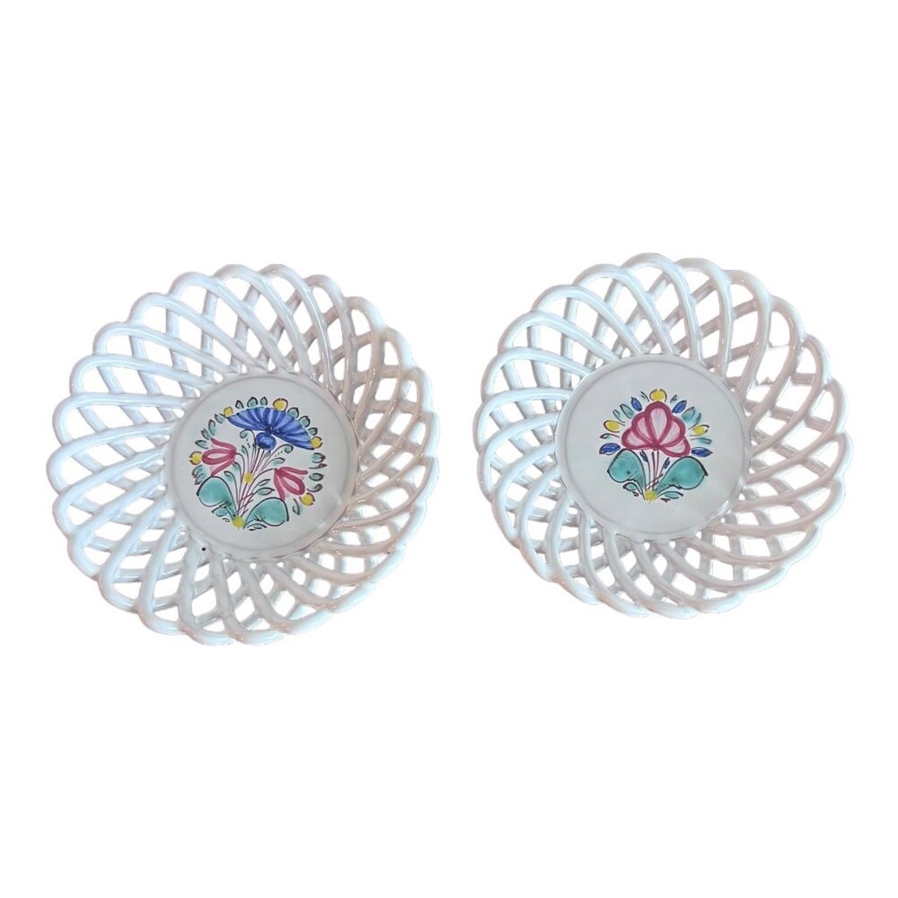 Vintage Hand-Painted Reticulated Porcelain Basket Weave Bowls With Floral Design